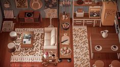 an overhead view of a living room and dining area in a doll house with furniture