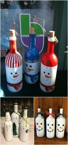 some bottles with snowmen painted on them