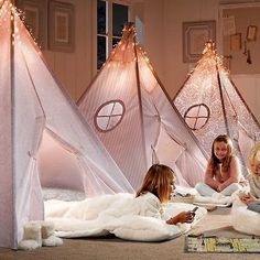 such a cute idea, use old bed sheets for a slumber party. Sleepover Beds, Zimmer Diy, Girl Room Inspiration, Restoration Hardware Baby, Three Girls, Play Tent, Sleepover Party, Camping Tips, Slumber Parties