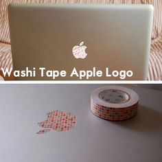 a laptop computer sitting on top of a table next to a washi tape logo