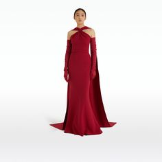 Elegant floor length, halterneck gown with soft fishtail skirt and back train in rhubarb Heavy Crepe. Timeless Chic, Fishtail Skirt, Couture Collection, Rhubarb, Shades Of Red, Evening Gowns, Floor Length, Gowns Dresses, Long Dress