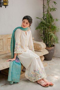 Shirt: Embroidered lawn-cotton shirt.Trouser: Embroidered lawn-cotton culottes.Dupatta: Hand block-printed lawn dupatta. Casual Indian Fashion, Pakistani Fancy Dresses, Pakistani Dresses Casual, Pakistani Fashion Party Wear, Beautiful Pakistani Dresses, Salwar Kamiz, Traditional Indian Outfits, Dress Design Patterns, Simple Pakistani Dresses