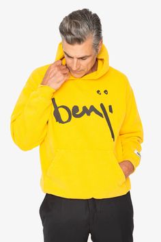 The World Famous Benji Hoodie is made from 100% pre-shrunk cotton fleece with Benji screen printed across the front and the eyes of Benjamin Franklin screen printed across the back. It has a regular fit for a comfortable wear. Our male model is 6ft tall with a 40” chest and wears a size large. Signature Cloney Tag Label Available Color: Yellow Printed Graphic Made of 100% Cotton Fleece Designed and Produced in Los Angeles Oversized Yellow Sweatshirt With Drawstring Hood, Yellow Hoodie With Kangaroo Pocket For Streetwear, Yellow Sweatshirt With Adjustable Hood For Streetwear, Yellow Adjustable Hood Sweatshirt For Streetwear, Yellow Cotton Hoodie With Kangaroo Pocket, Yellow Sweatshirt With Drawstring Hood For Streetwear, Yellow Urban Sweatshirt For Streetwear, Yellow Urban Streetwear Sweatshirt, Yellow Graphic Print Hoodie Sweatshirt