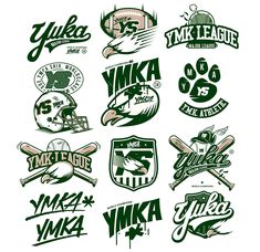 various sports logos and emblems on a white background