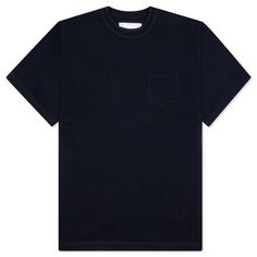 An essential basic, the Cotton Jersey T-Shirt from Sacai has a simple structure with a short sleeve construction and a front pocket. Features a crew neckline and contrast stitching. 100% Cotton Waist length True to size Style No: 24-03377M-201 Black Short Sleeve Tops With Welt Pockets, Solid Color T-shirt With Side Pockets, Relaxed Fit T-shirt With Patch Pockets And Short Sleeves, Cotton T-shirt With Patch Pockets, Short Sleeve, Blue Tops With Patch Pockets For Everyday, Blue T-shirt With Side Pockets And Crew Neck, Classic Blue T-shirt For Work, Classic Blue T-shirt For Casual Work, Relaxed Fit T-shirt With Pockets For Workwear