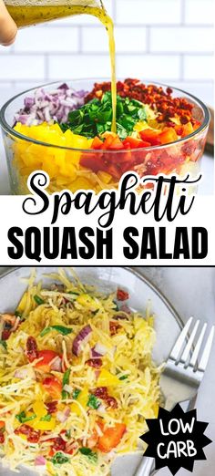 Spaghetti Squash Salad with vibrant vegetables, including yellow bell peppers, tomatoes, red onion, and fresh herbs, topped with a drizzle of dressing. A colorful, low-carb dish served in a glass bowl. Spaghetti Squash Salad, Aip Breakfast, Squash Salad, Aip Recipes, Dinner Sides, Healthy Easy