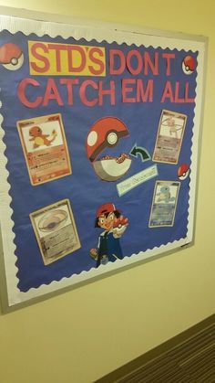 a bulletin board with pokemon characters on it and some other items attached to the wall