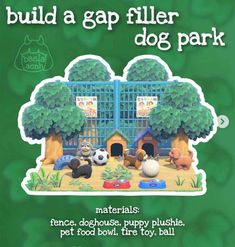 an advertisement for a pet park with dogs and cats in front of a dog house