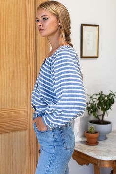 Frances Blouse - Blue + Ivory Sailor Stripe - Emerson Fry Emerson Fry, Coffee Tray, Branding Photoshoot Inspiration, Sailor Stripes, Tray Ideas, Fashion Designing, Office Outfit, Double Gauze, Easy Breezy