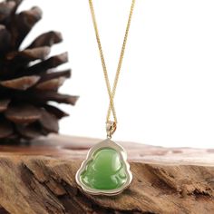 * INTRODUCTION---14k Yellow Gold & Genuine Apple Green Nephrite Jade Buddha Pendant Necklace With VS1-2 Diamonds Bail. The person who wears a Buddha pendant around the neck attracts positive energy. They emit positive waves into the environment around them. The belief is all of the entire negativity is destroyed and a fighting spirit is generated within the person. The term Buddha literally means enlightened one, a knower to be a mentor to save and protect you. Representing prosperity, good luck Buddha Pendant Necklace, Jade Buddha, Vs1 Diamond, Laughing Buddha, Buddha Pendant, Nephrite Jade, Apple Green, Jade Green, Stone Settings