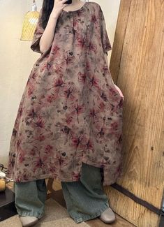 Women Summer dress, Loose Cotton Dresses, Vintage Long Dresses, floral dress women, Short sleeve dress Long Dresses Floral, Vintage Long Dress, Women Summer Dress, Floral Cotton Dress, Modest Dresses Casual, Womens Floral Dress, Oversized Dress, Khaki Dress, Long Summer Dresses