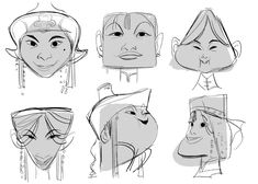 sketches of people's heads with different facial expressions and hairstyles, from the front to the back