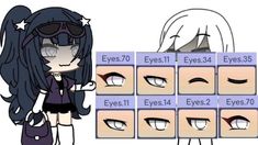 an anime character with long black hair and eyeliners on her face, standing in front of several boxes