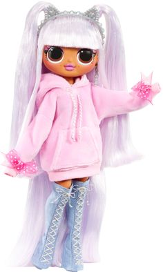 a doll with long white hair and big eyes is dressed in pink clothes, boots and cat ears