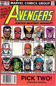 an old comic book cover with the avengerss characters in different colors and font on it