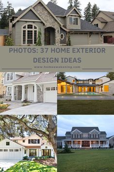 the front and back side of a house with lots of windows, doors, and landscaping