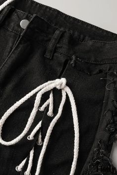 Fisdy - Classic High Waist Black Denim Jeans with Chic Tasseled Bandage and Stylish Hollowed-Out Design Black Denim Jeans, High Waisted Denim, Casual Jeans, Moda Casual, Black Denim, Solid Black, Fashion Casual, Black Fashion, Denim Jeans