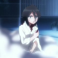 an anime character is sitting in the clouds with her arms crossed and looking at the camera