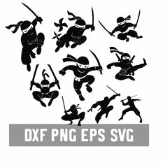 the silhouettes of ninja characters are shown in various poses and positions, including one with swords