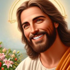 a painting of jesus smiling with flowers in the background