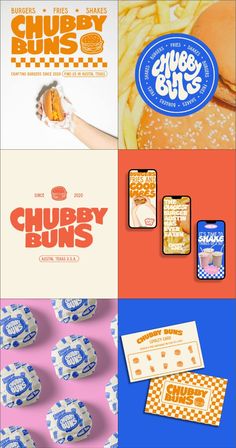 the logos and packaging design for burgers, fries, hamburger buns and more