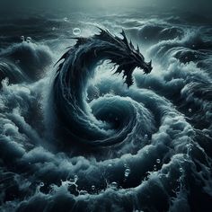 a dragon that is standing in the water with it's head above the waves