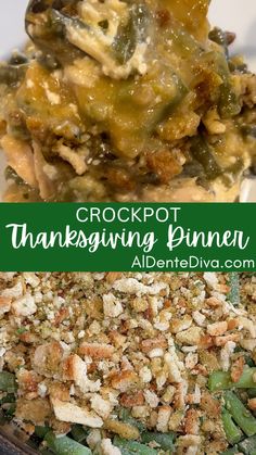 crockpot thanksgiving dinner with green beans and stuffing