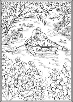 a coloring page with a man in a boat on the water and flowers around him