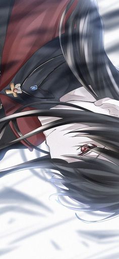 an anime character with long black hair and red eyes