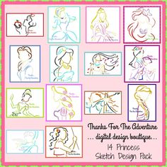 the disney princess coloring book is shown in different colors and shapes, including silhouettes