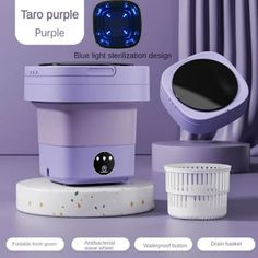 an image of a purple machine with blue light on it's head and the words taro purple above it