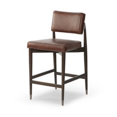 a brown leather bar stool with a wooden frame and backrest, viewed from the front