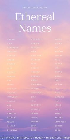 the ultimate list of ethereal names in front of an orange and blue sky with clouds