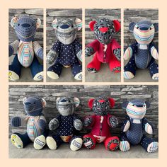 four pictures of stuffed animals in different patterns and sizes, one with a red jacket