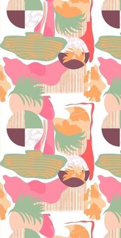 an abstract pattern with flamingos and palm trees in pink, green, yellow and orange