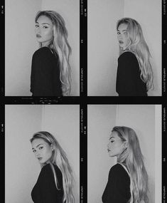 four different pictures of a woman with long, blonde hair in black and white photos