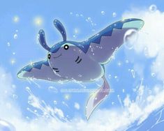 a cartoon character flying through the air on top of a blue and white cloud filled sky