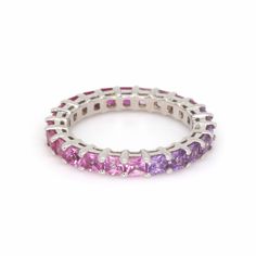 Natural Pink Purple Sapphire Eternity Ring. Made with Solid 14K or 18K Gold. ◆ Metals Details ◆ Metal: 14K & 18K Solid Gold Colors: White, Yellow & Rose Gold ◆ Stone Details ◆ Stone: Natural Sapphires Stone Size: 2.8mm Stone Shape: Princess Cut (Square) Stone Color: Pink to Purple ◆ Shipping Details ◆ Shipping: Via FedEx Express Processing Time: 5 to 10 Days Delivery: 5 to 7 Days Tracking ID provided ◆ Customization ◆ If you want to modify the ring, whether it be stone size, metal engraving, cus Pink Multi-stone Amethyst Ring, Luxury Pink Amethyst Ring With Prong Setting, Elegant Pink Gemstone Eternity Band, Fine Jewelry Pink Sapphire Ring In Purple, Pink Multi-stone Amethyst Ring Gift, Pink Multi-stone Promise Ring, Pink Eternity Band With Prong Setting, Pink Half Eternity Jewelry, Pink Gemstone Eternity Band Fine Jewelry