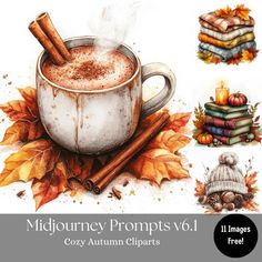 a cup of hot chocolate with cinnamon on top and autumn leaves around it, surrounded by books