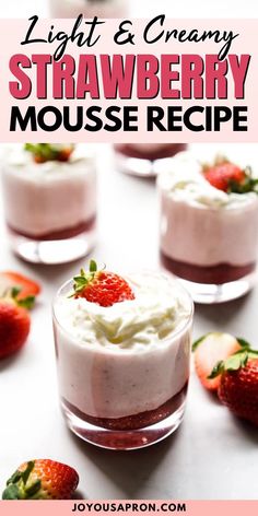 strawberry cheesecake mousse in small glasses with strawberries on the side and text overlay