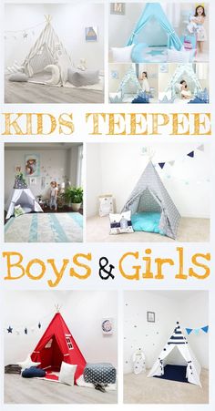 kids'teepeee toys and girls playrooms are featured in this collage