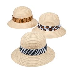 three hats with animal print band