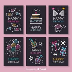 four birthday cards with different types of cakes and presents on them, including one for the first