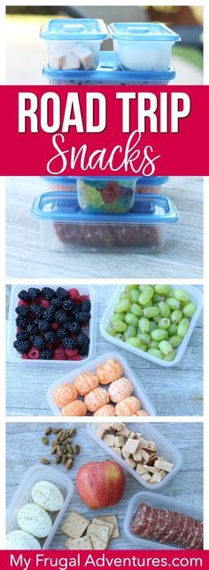 the road trip snacks are packed in plastic containers and ready to be eaten