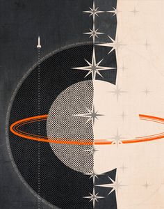 an abstract painting with white stars and orange lines in the center, on top of a black background