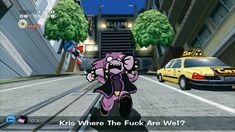 an animated video game character riding a motorcycle down the street in front of a taxi cab