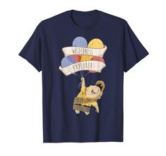 a t - shirt with an image of a cartoon character holding a balloon that says wilderness explorer