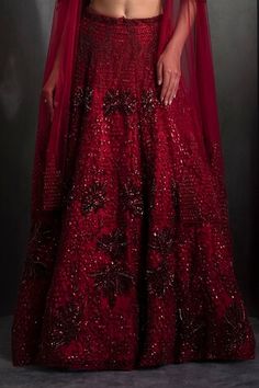 Red can can attached lehenga featuring tonal sequin floral cluster embroidered motifs. Comes with matching embroidered padded blouse and dupatta. - Aza Fashions Rahul Khanna, Red Can, Floral Lehenga, Bridal Lehengas, Can Can, Set Women, Aza Fashion, Lehenga, Sequin