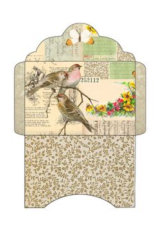 two birds sitting on top of a piece of paper with flowers and leaves in the background