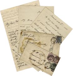 old letters and envelopes are stacked on top of each other, with the letter's signature in cursive writing